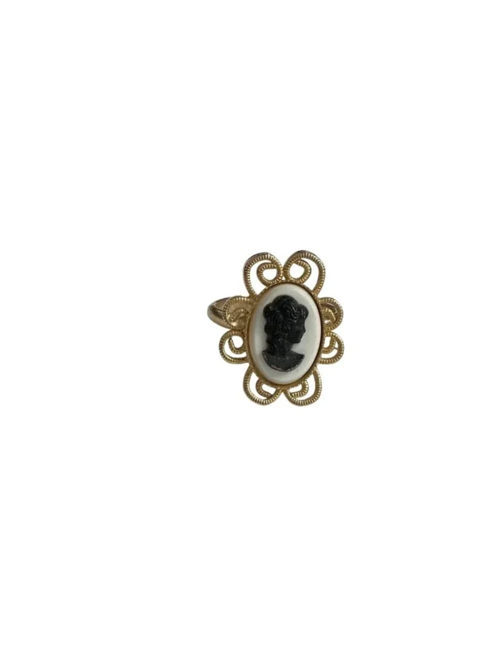 Vintage Gold Cameo Ring With Black Silhouette & Ornate Frame Adjustable Size 7